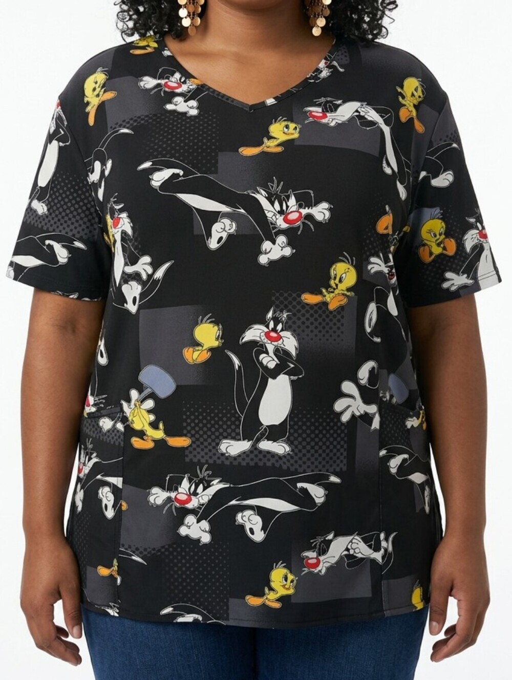 Looney Tunes Sylvester & Tweety V-Neck Short Sleeve Scrub Top Size 2XL